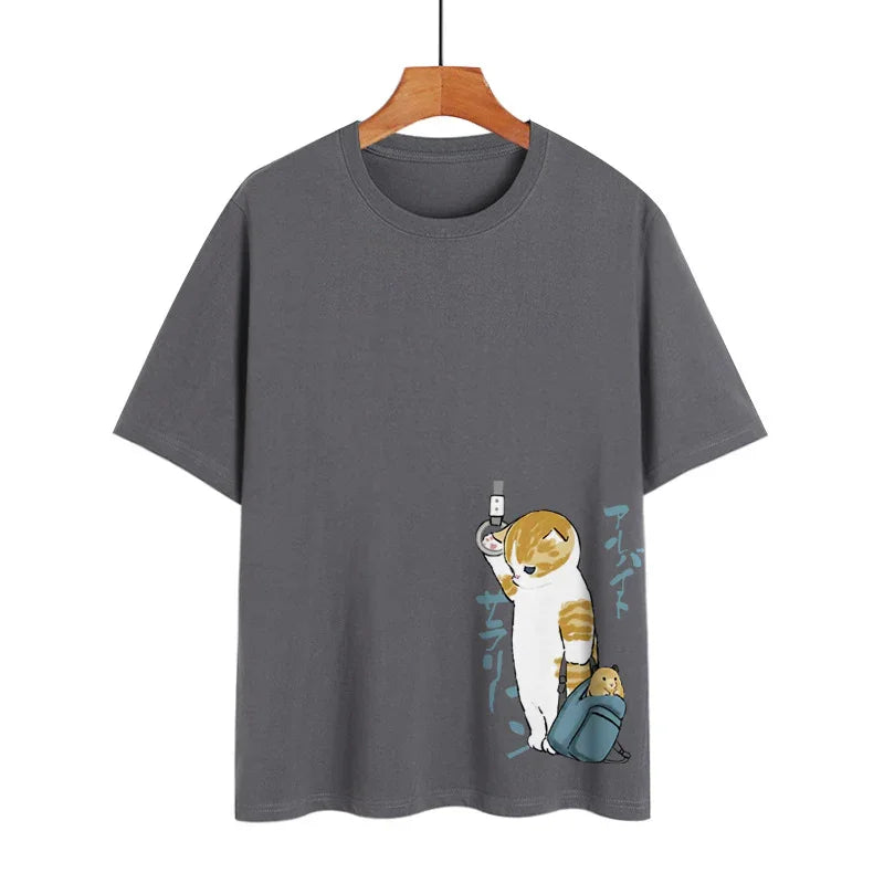 Gray t-shirt with a cute cat holding a USB stick and a backpack with a hamster illustration