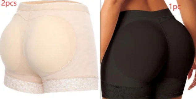 Side-by-side image of beige padded butt-lifting shorts with lace trim and black padded shaping shorts worn on models