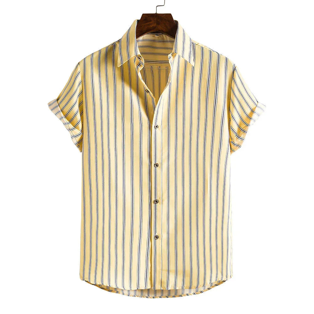 Yellow short-sleeve button-up shirt with vertical blue and white stripes on wooden hanger