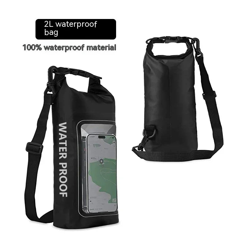 Black 2L waterproof dry bag with phone pocket and shoulder strap, 100% waterproof material