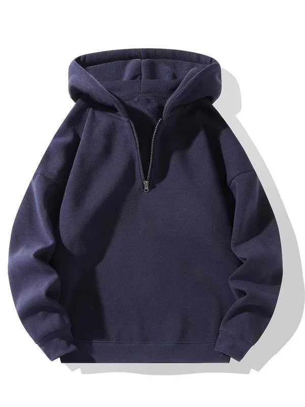 Navy blue pullover hoodie with half zipper and long sleeves on white background