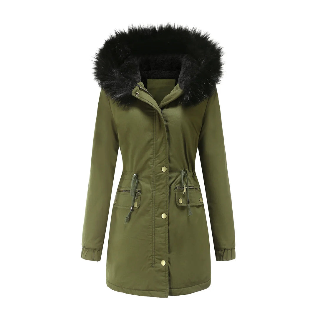 Women’s olive green parka jacket with black faux fur hood, zip and snap button closure
