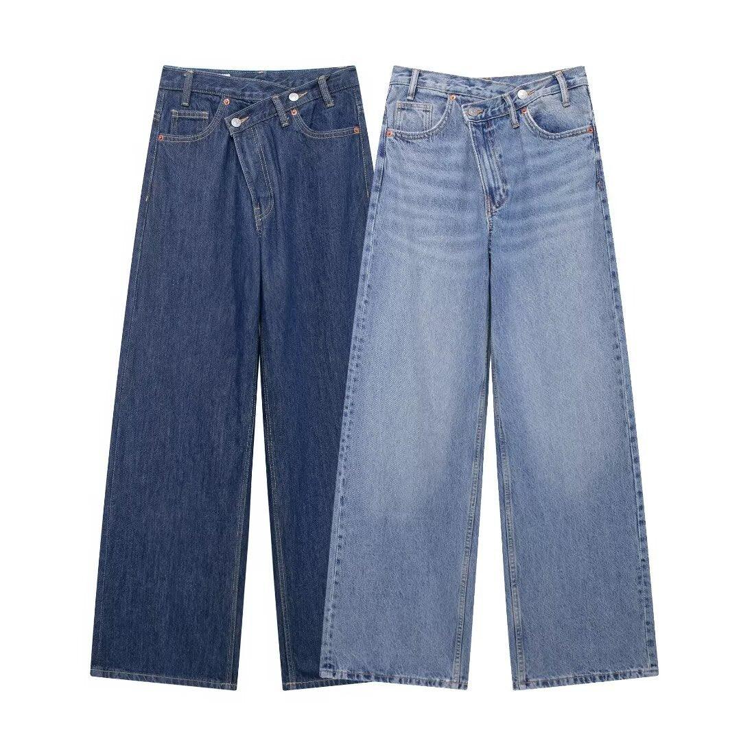 Two pairs of wide-leg denim jeans, one dark blue and one light blue, laid flat on white background