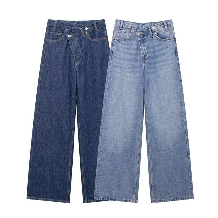 Two pairs of wide-leg denim jeans, one dark blue and one light blue, laid flat on white background