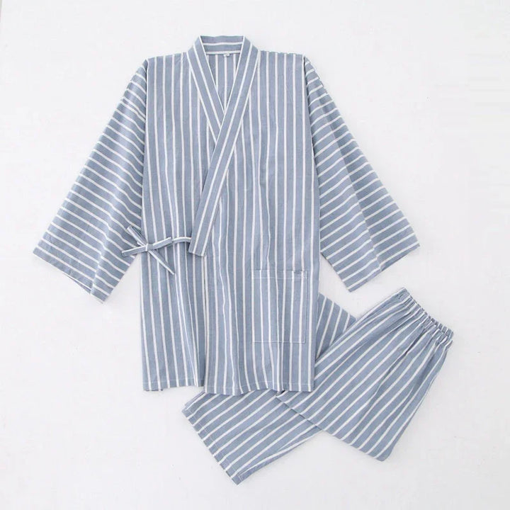 Blue and white striped traditional Japanese-style kimono robe with matching pants set on white background