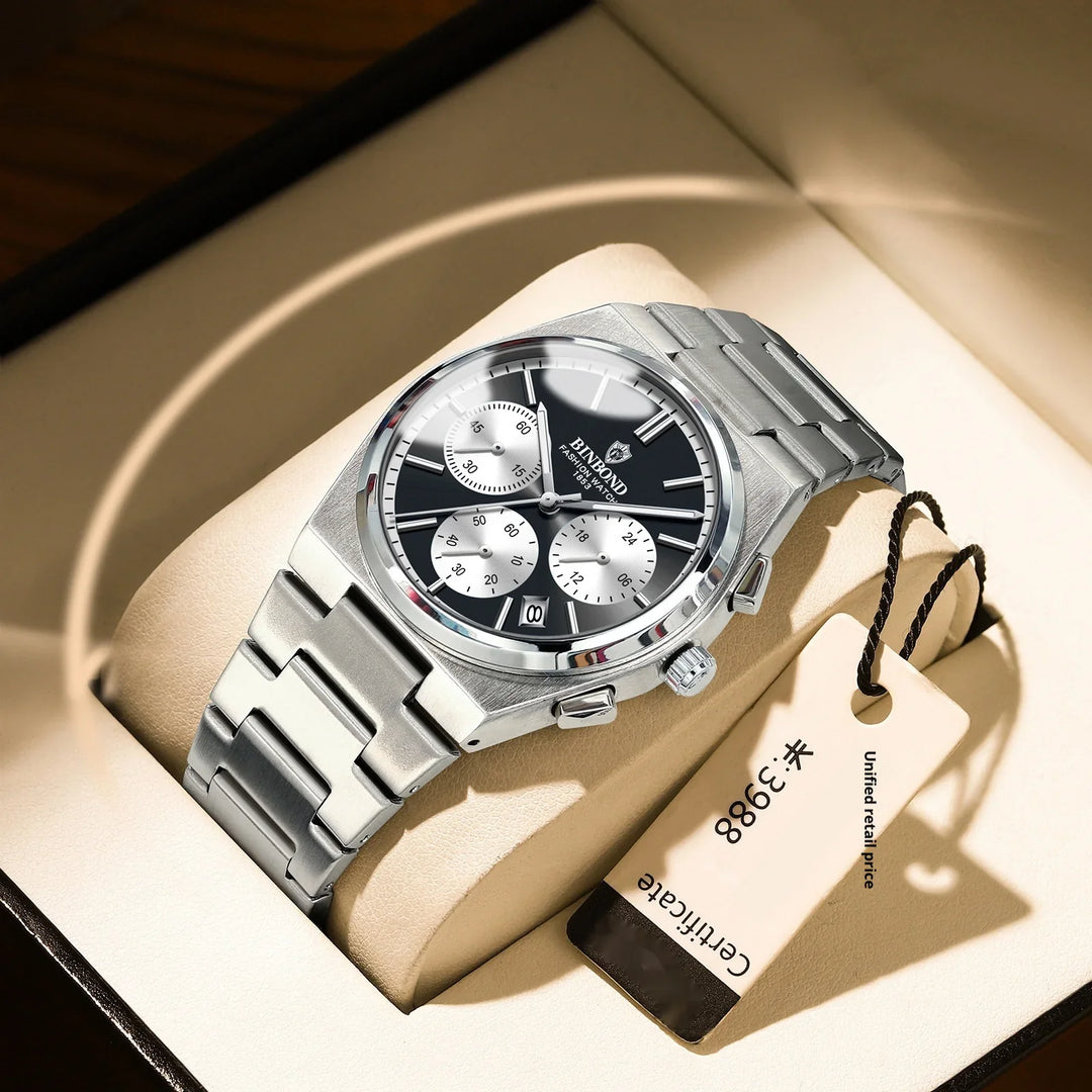 Silver stainless steel men's chronograph watch with black dial and three subdials in luxury box