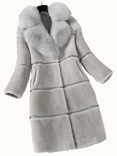 Elegant light gray faux fur coat with plush collar and long sleeves on hanger