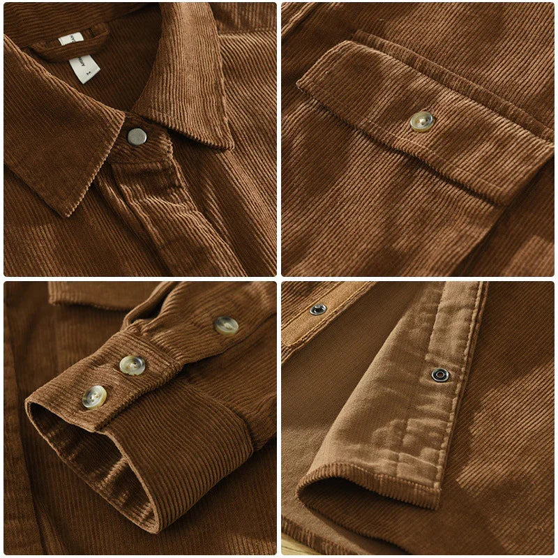Close-up shots of brown corduroy jacket details including collar, buttoned pocket, cuffs, and snap buttons
