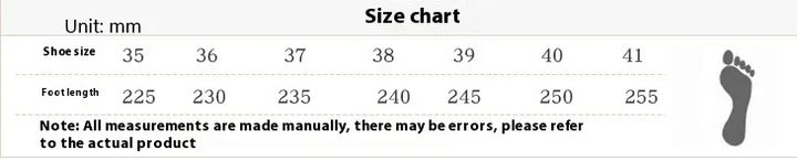 Shoe size chart in millimeters showing sizes 35 to 41 with corresponding foot lengths from 225mm to 255mm
