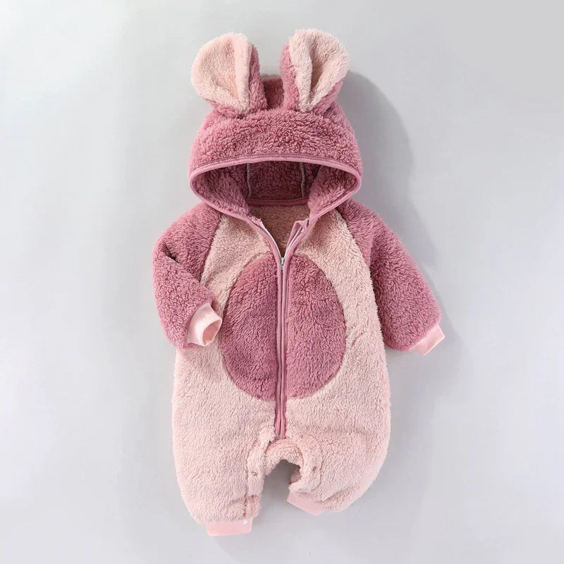 Pink and light pink plush baby romper with bunny ears hood and front zipper