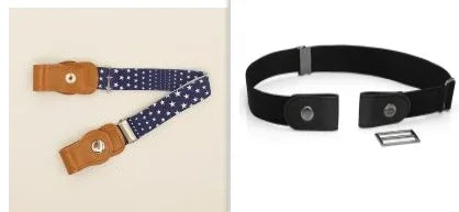 Two adjustable belts: blue star-patterned with brown leather ends and solid black with metal buckle components