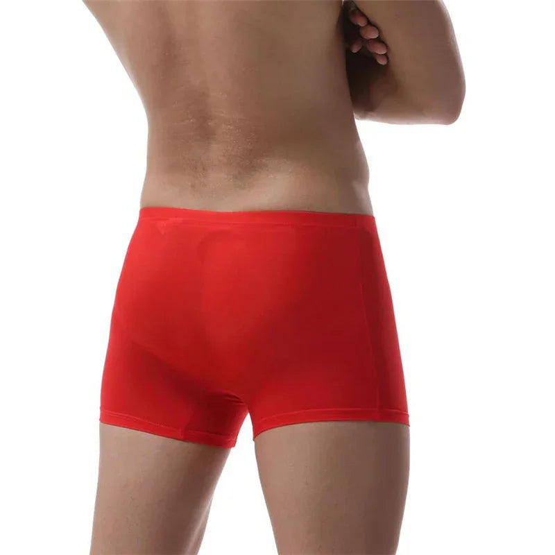 Rear view of male model wearing bright red fitted boxer briefs on white background