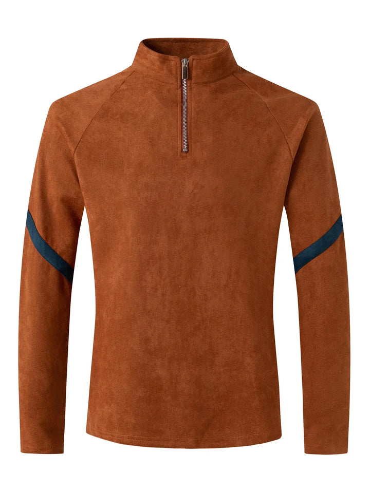 brown suede quarter-zip pullover with navy blue diagonal stripes on sleeves