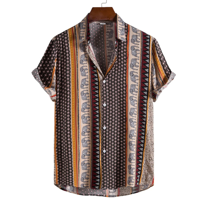 Short-sleeve button-up shirt with elephant and geometric stripe pattern in brown, beige, and orange