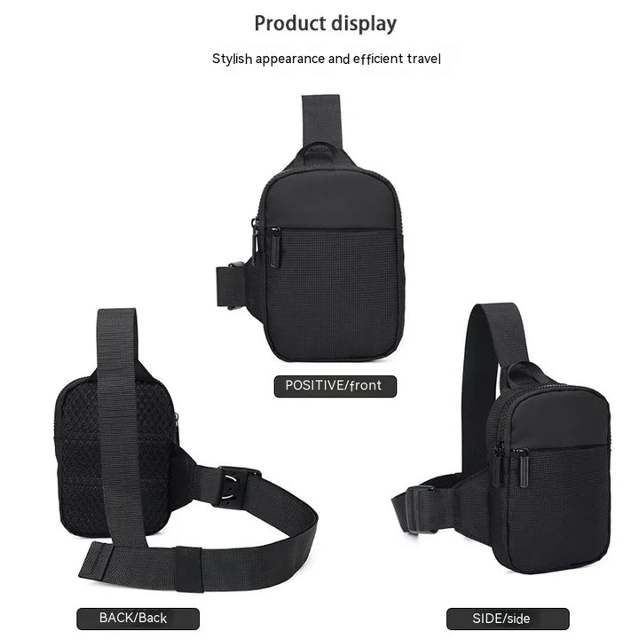 Black compact crossbody sling bag for travel with adjustable strap and front zipper pocket
