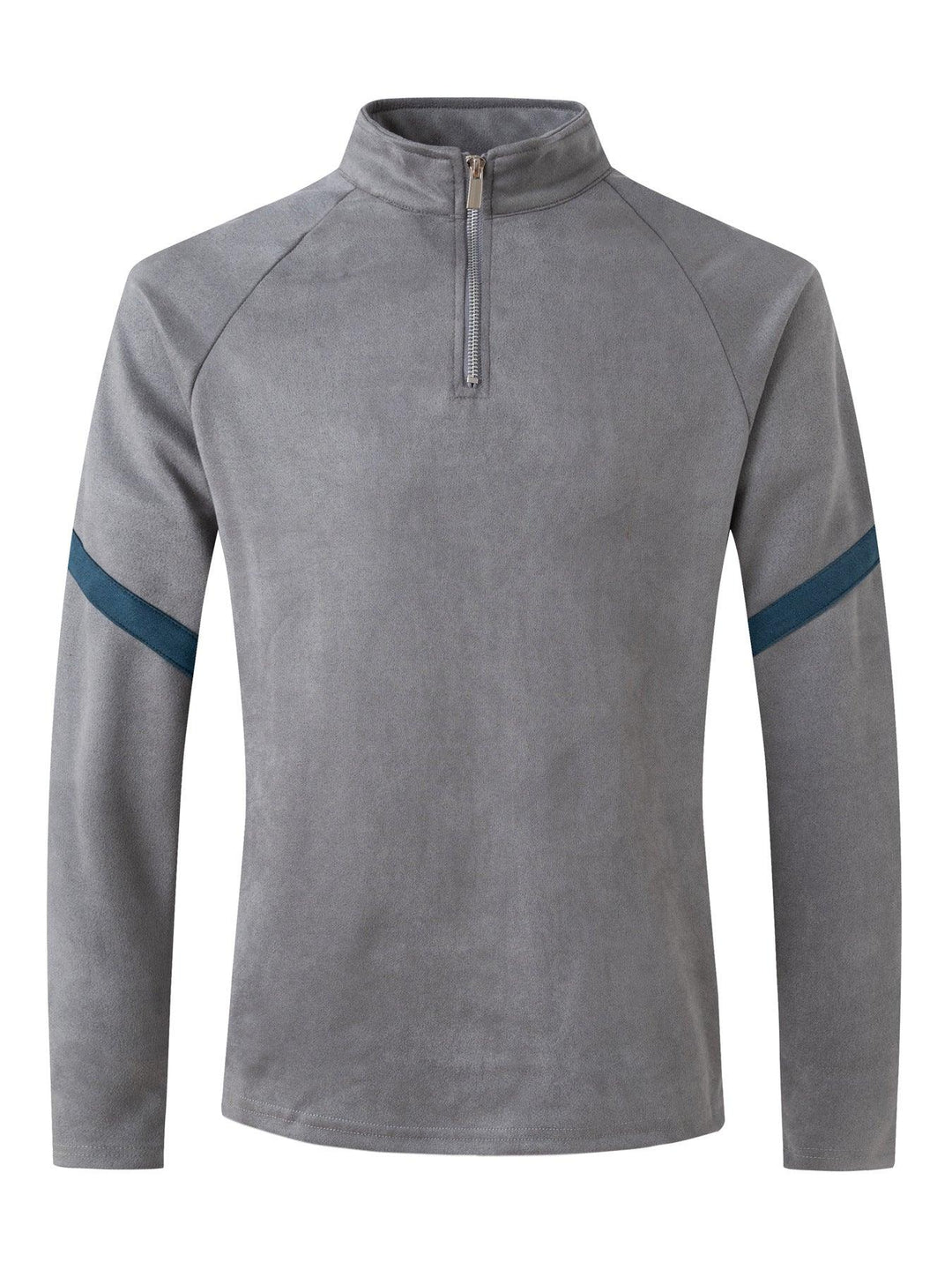 Gray fleece pullover with quarter zip and blue diagonal stripes on sleeves