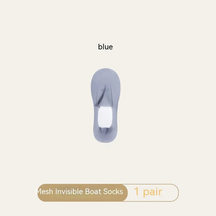 Single blue mesh invisible boat sock on light background labeled 'blue', one pair packaging