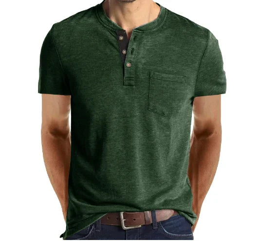 Men's short-sleeve dark green henley t-shirt with front pocket and button placket
