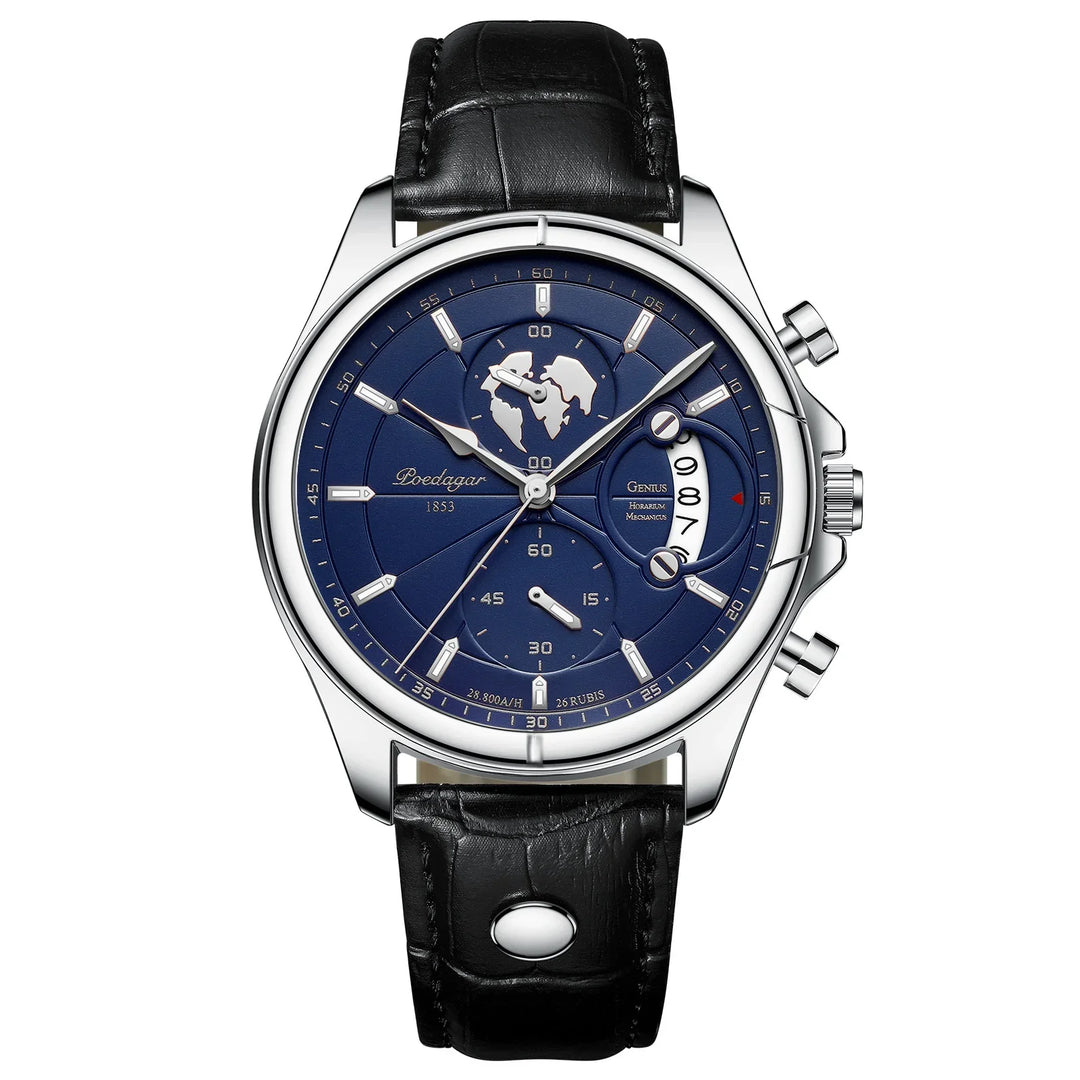 Luxury men's wristwatch with blue dial, silver case, black leather strap, world map design
