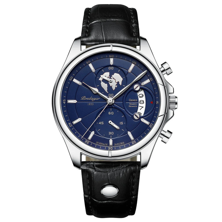 Luxury men's wristwatch with blue dial, silver case, black leather strap, world map design