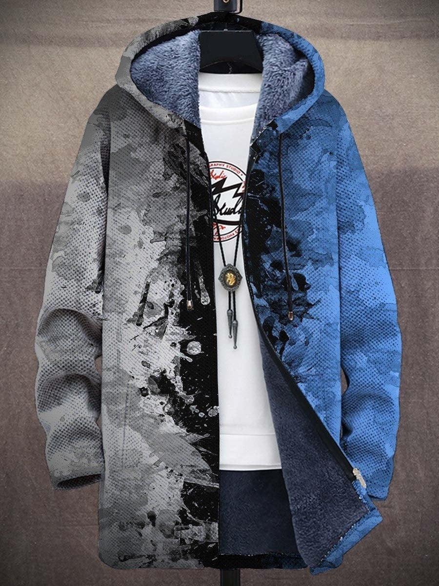 Men's hooded zip-up jacket with blue and gray splash design and soft fleece lining