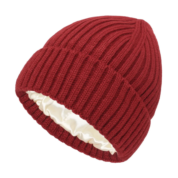 Red ribbed knit beanie hat with white satin lining, winter warm accessory