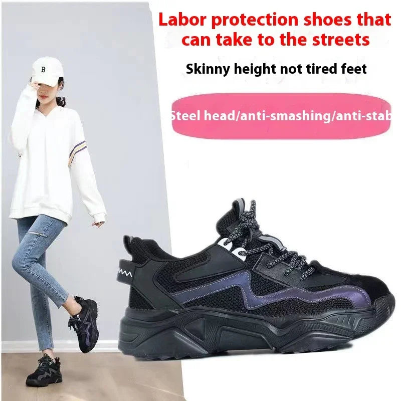 Black steel toe labor protection shoes with anti-smashing and anti-stab features, worn by woman in casual outfit