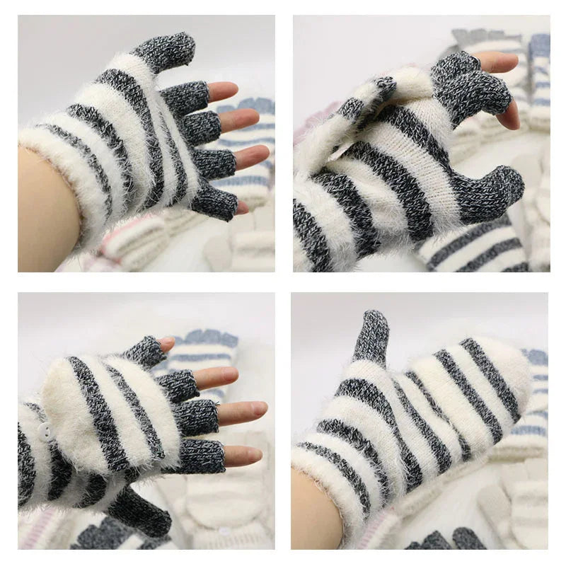 Fuzzy black and white striped convertible mittens with fingerless gloves shown in various hand positions