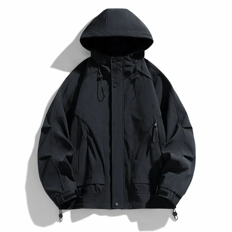 Black hooded outdoor jacket with zippered pockets and adjustable cuffs