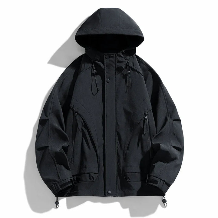 Black hooded outdoor jacket with zippered pockets and adjustable cuffs