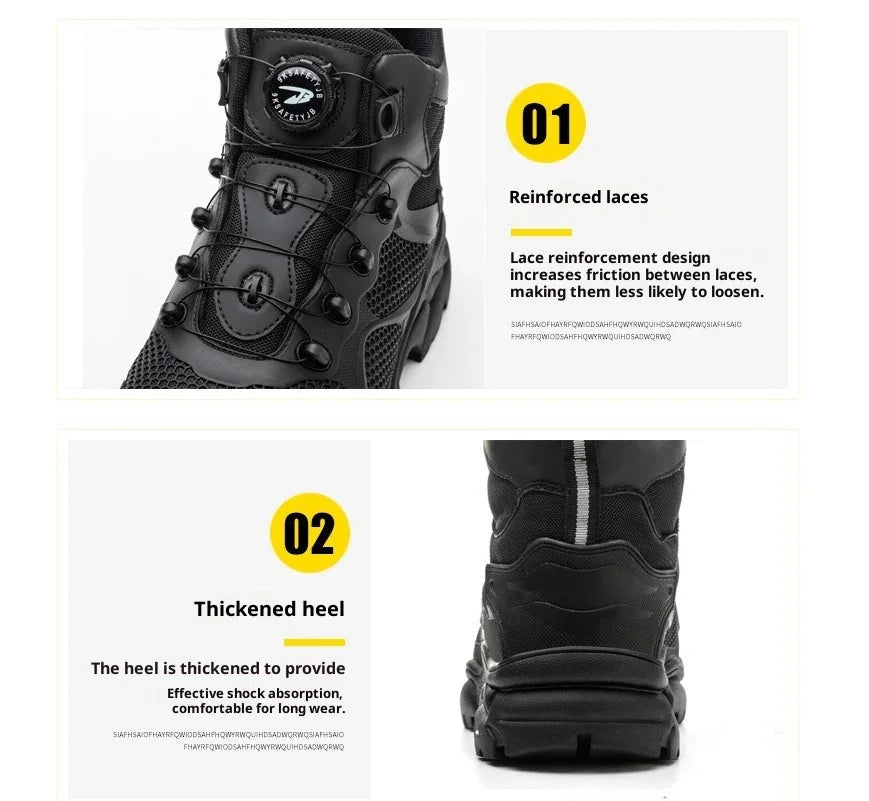 Black safety boots with reinforced laces and thickened heel for shock absorption and durability