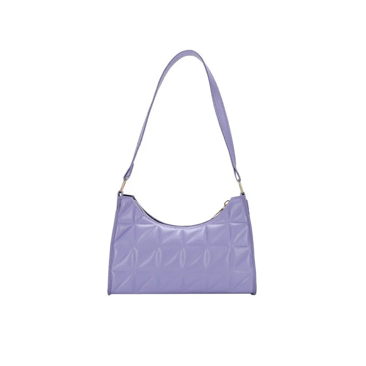 Lavender purple quilted shoulder bag with a single strap and gold-tone hardware