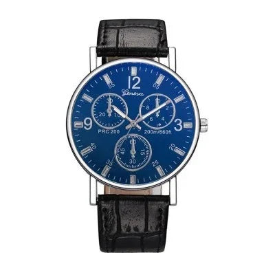Geneva PRC 200 wristwatch with blue dial, chronograph subdials, silver case, and black leather strap