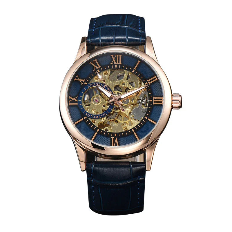 Luxury automatic wristwatch with blue leather strap, rose gold case, and visible gold mechanical gears