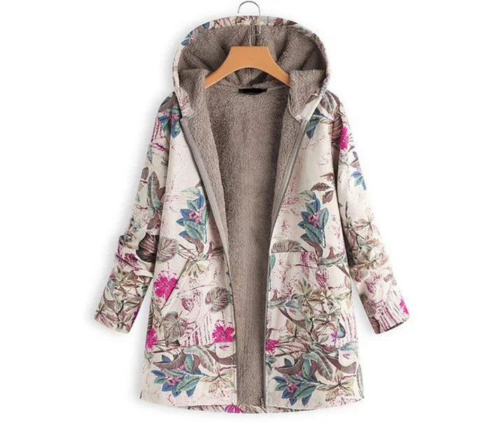 Floral print hooded coat with soft gray fleece lining, front pockets, and full zipper closure