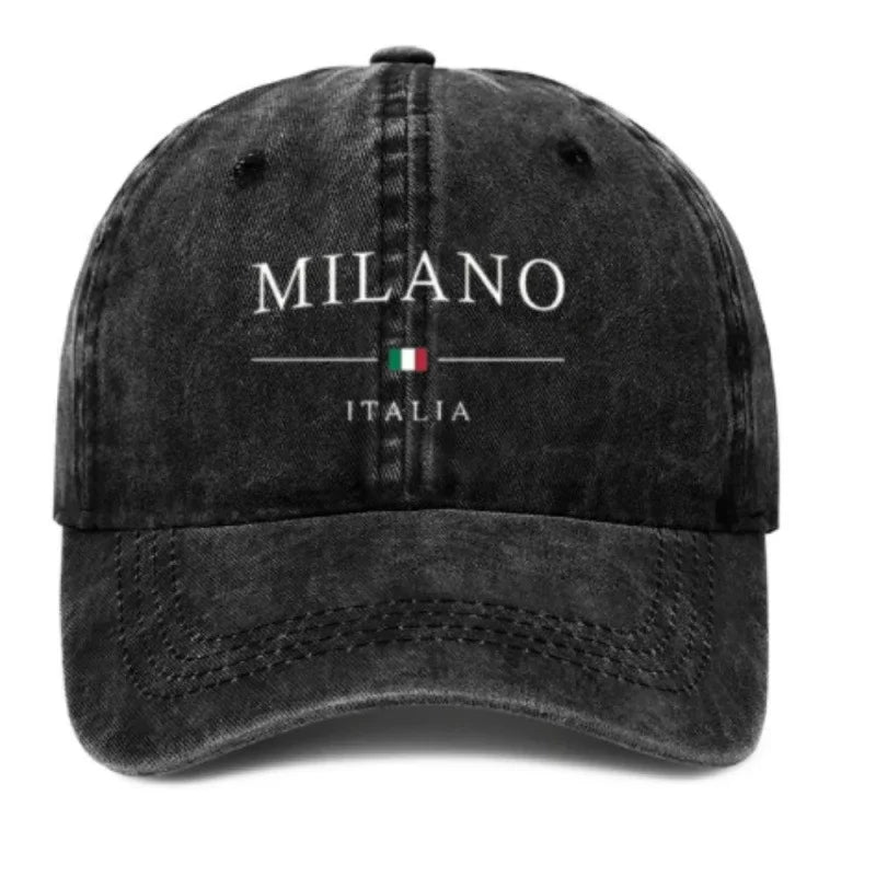 Black distressed baseball cap with Milano Italia text and Italian flag embroidery