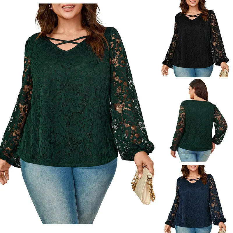 Plus size women wearing floral lace long sleeve tops with crisscross neckline in green, black, and navy
