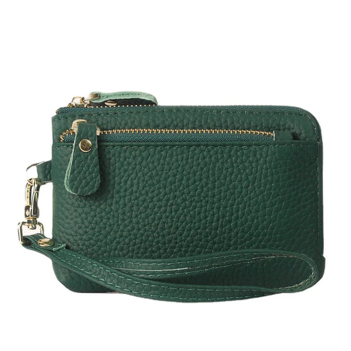 Green pebbled leather wristlet wallet with gold zipper and detachable strap