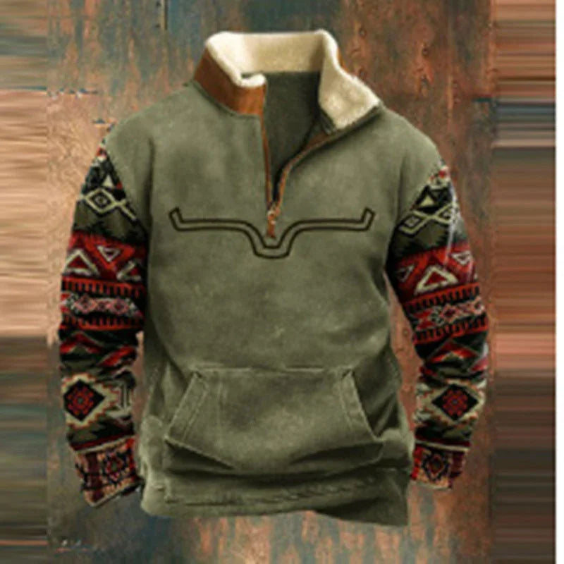 Men's fleece pullover with green body, patterned Aztec-style sleeves, and sherpa-lined collar