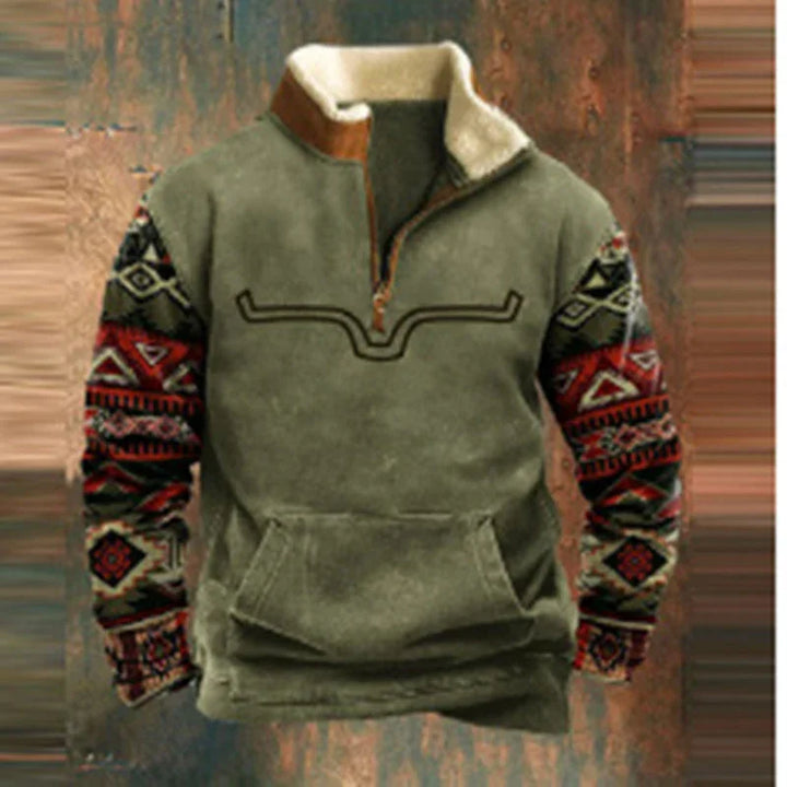 Men's fleece pullover with green body, patterned Aztec-style sleeves, and sherpa-lined collar