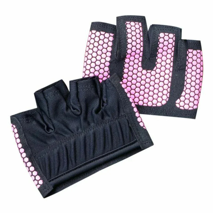 Pair of black and pink fingerless workout gloves with hexagonal pattern, padded palm design