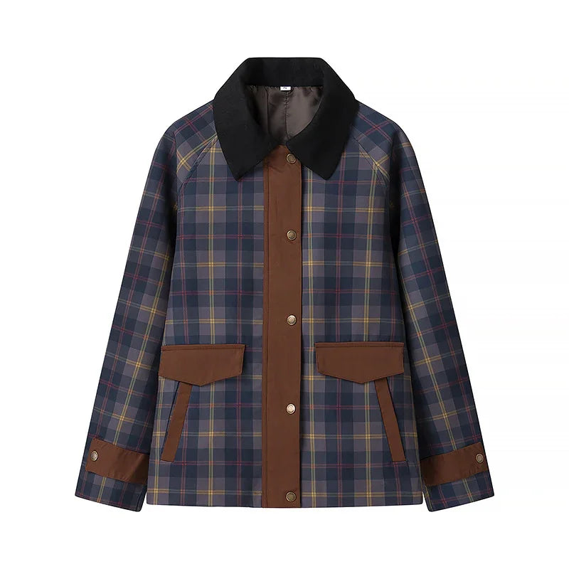 Plaid patterned jacket with brown button placket, flap pockets, and black collar on white background