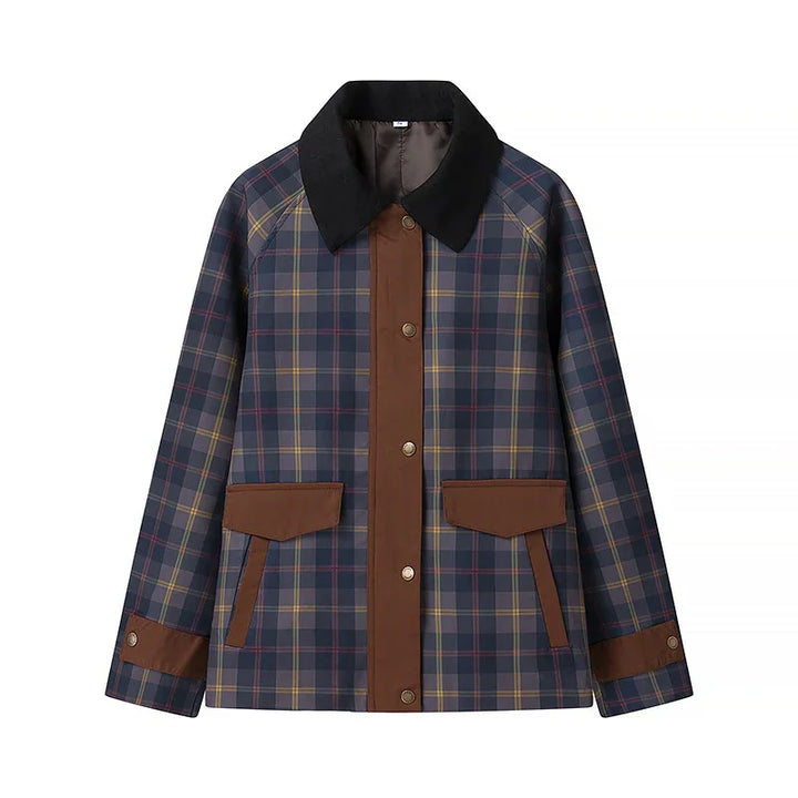 Plaid patterned jacket with brown button placket, flap pockets, and black collar on white background
