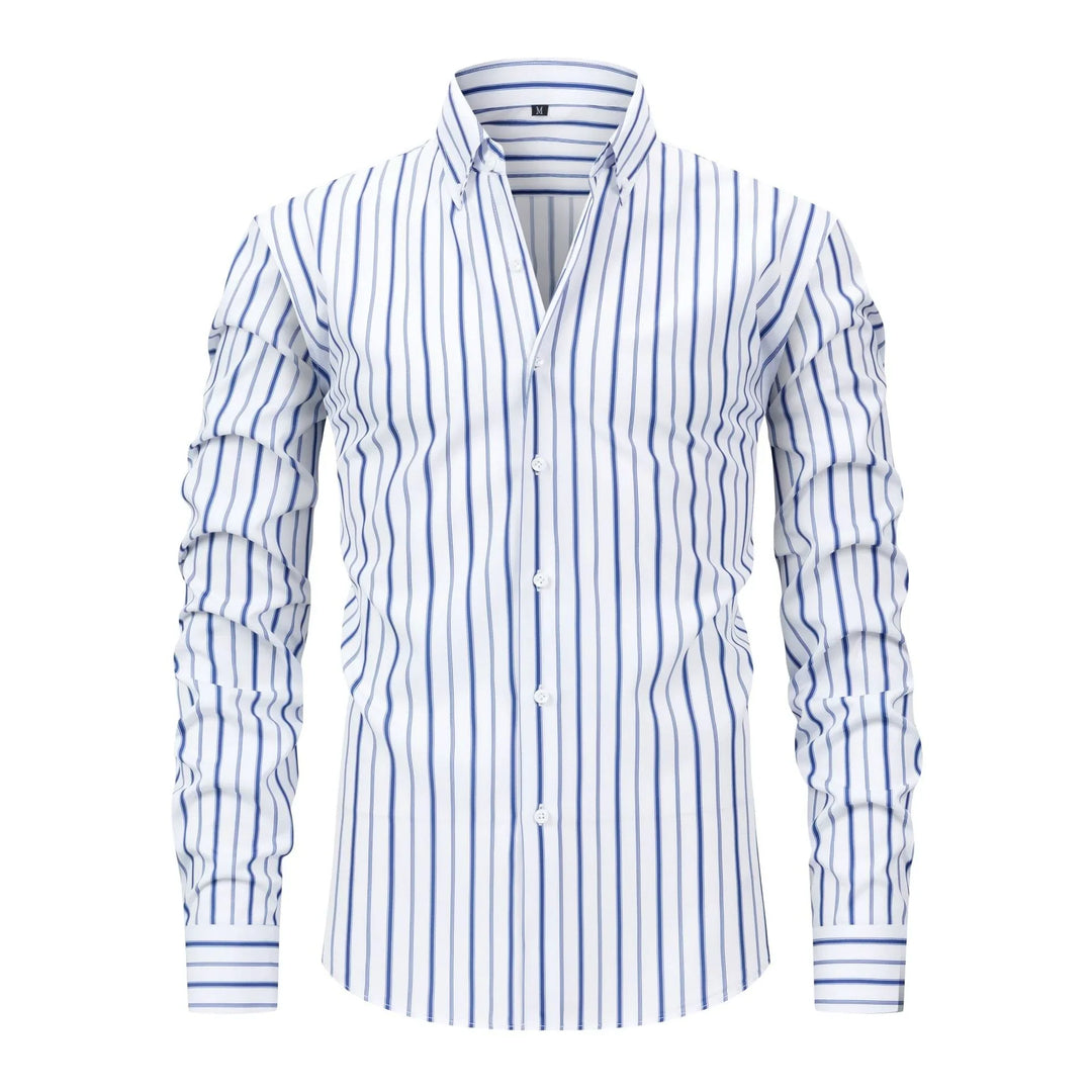 Men's white dress shirt with vertical blue stripes and button-down collar