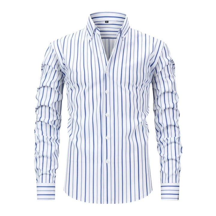 Men's white dress shirt with vertical blue stripes and button-down collar