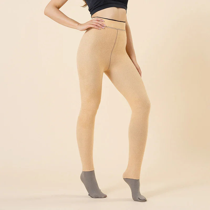 Woman wearing beige textured leggings with gray toe socks against a beige background