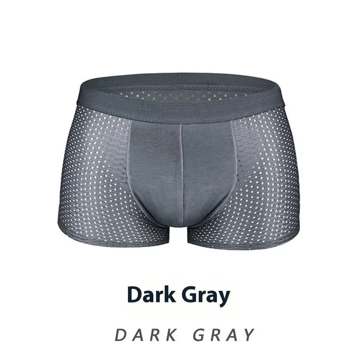 Dark gray men's breathable mesh boxer briefs with solid front panel
