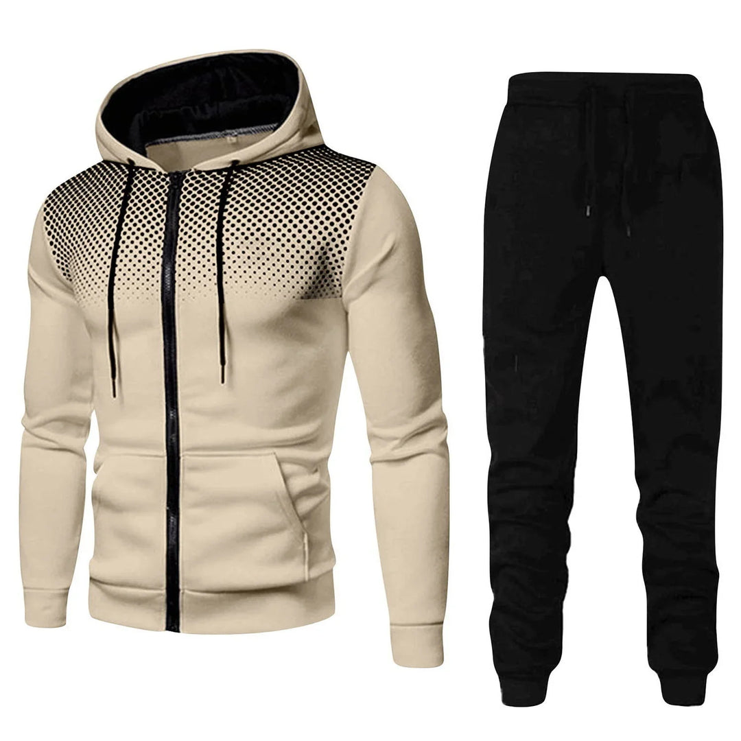 Beige zip-up hoodie with black gradient dot design and black drawstrings, paired with black jogger pants