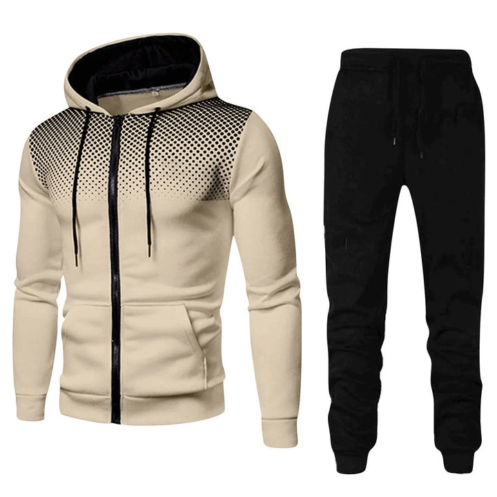 Beige zip-up hoodie with black gradient dot design and black drawstrings, paired with black jogger pants