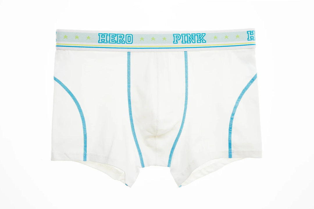 White men's boxer briefs with blue stitching and elastic waistband featuring 'HERO PINK' text